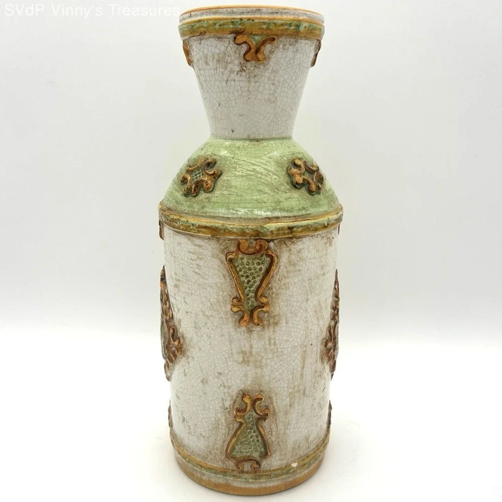 Vintage Italian Majolica Pottery Vase Hand Painted Crackle Glaze Figural Decor